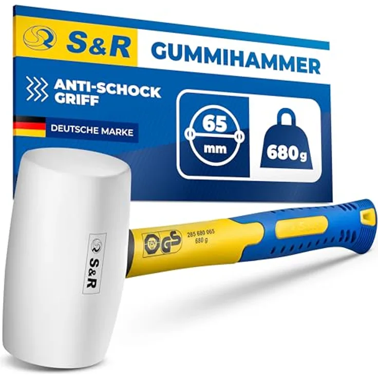 S&R Gummihammer weiß 65 mm, 680 Gr, mit rutschfestem Fiberglasstiel