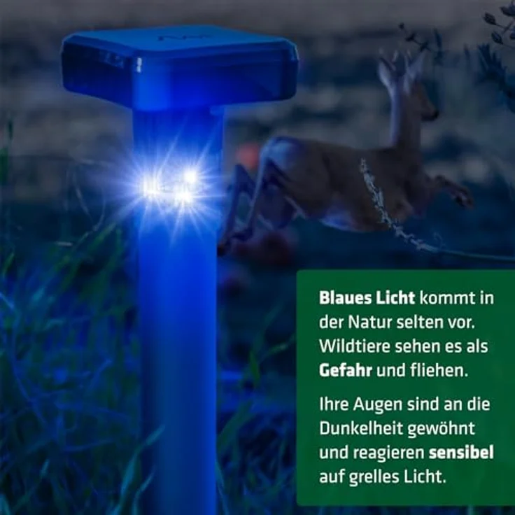 GARDIGO® Wildtierabwehr mit blauem LED-Licht | Wildtier-Vertreiber mit 360° Streuung für den Garten | Wildtiere vertreiben durch blaues Licht | Für Friedhöfe, Gärten, Sportplätze, Beete – Bild 4