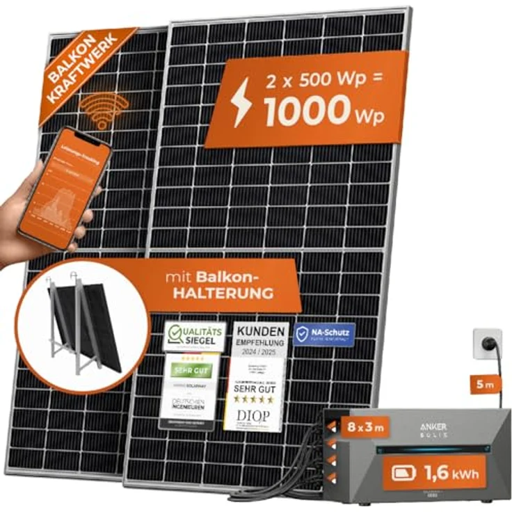 Solarway All In One Balkonkraftwerk mit Speicher 1000W - 1,6 kWh Anker Solix 2 PRO, 500W Solarmodule & Zubehör, weiß – Bild 1
