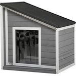 PawHut Hundehütte aus Holz, Hundehaus mit zu öffnendem Asphaltdach und Türvorhang, Outdoor Hundehaus, Kleintierhaus für kleine Hunde, draußen, Wetterbeständig, Grau, 71 x 58 x 53/77 cm