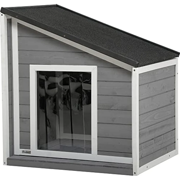 PawHut Hundehütte aus Holz, Hundehaus mit zu öffnendem Asphaltdach und Türvorhang, Outdoor Hundehaus, Kleintierhaus für kleine Hunde, draußen, Wetterbeständig, Grau, 71 x 58 x 53/77 cm – Bild 1