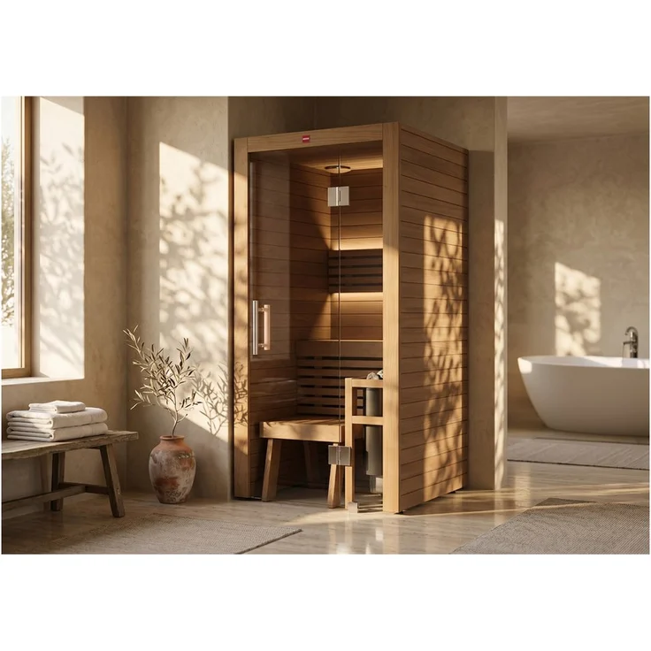 HARVIA Utu Mini Saunakabine, Design-Sauna aus Thermo-Espe, 97x96x206cm, mit LED-Beleuchtung und ESG Sicherheitsglas