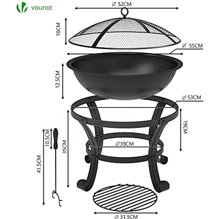 VOUNOT Feuerschale mit Funkenschutz, Feuerkorb Feuerstelle für Heizung, Garten, Camping, Terrasse, Ø 55 cm, Schwarz – Bild 3