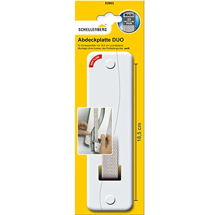 Schellenberg 53903 Rolladengurt Abdeckung Lochabstand 18,5 cm, einfache Montage ohne Ausbau des Gurtband, Abdeckplatte DUO Maxi, für Gurtwickler und Einlasswickler, weiß