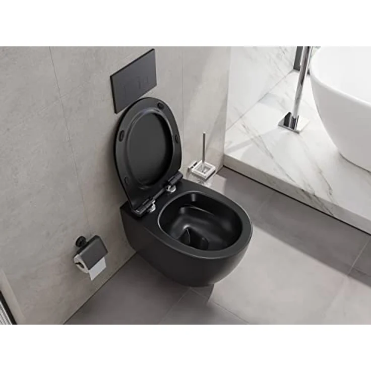 Aqua Bagno | Spülrandloses Hänge-WC, Keramik Toilette in schwarz matt, Wand-WC, Tiefspüler WC, randlos | 51 cm lang – Bild 5