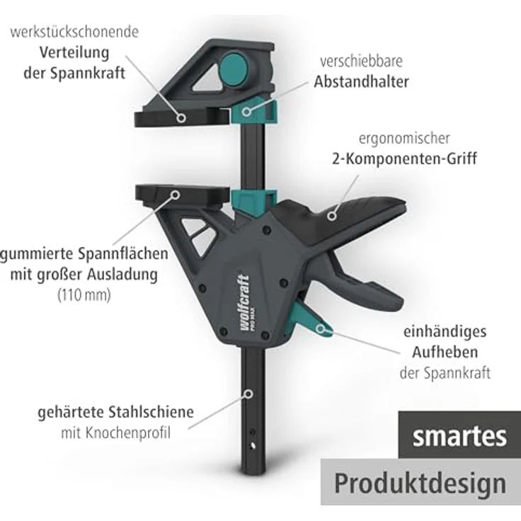 wolfcraft 2 Einhandzwingen PRO MAX, 250 kg Spannkraft, 150 mm Spannweite, intelligente Pumpmechanik für kontrolliertes Spannen – Bild 2