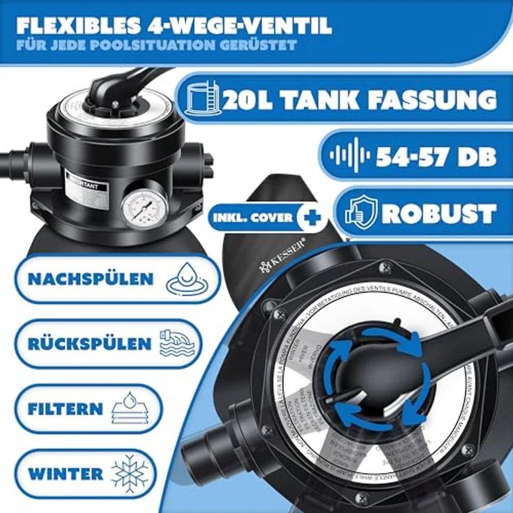 KESSER Sandfilter Sandfilteranlage + 700g Filterbälle ersetzen 25kg Filtersand- Poolfilter 10 m³-h Filteranlage Filterkessel für Pool Schwimmbecken 4-Wege Ventil , einfache Steuerung Schwarz – Bild 6