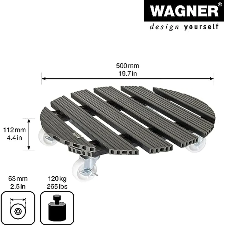 WAGNER Pflanzenroller WPC Ø 50 x 11 cm I Pflanzenroller & Blumenroller für Außenbereich + Innenbereich, anthrazit I Kübelroller aus Wood Plastic Composite I Tragkraft 100 kg - 20056501 – Bild 3