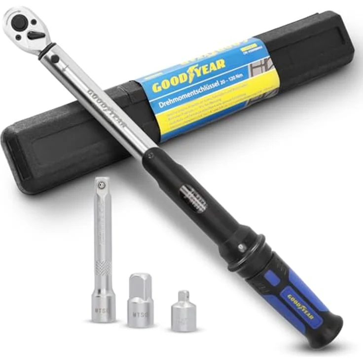 GOODYEAR Drehmomentschlüssel 20-120 Nm, 3/8“ Aufnahme, 72 Zähne, inkl. Adapter, Verlängerung und Aufbewahrungsbox für Reifenwechsel – Bild 1