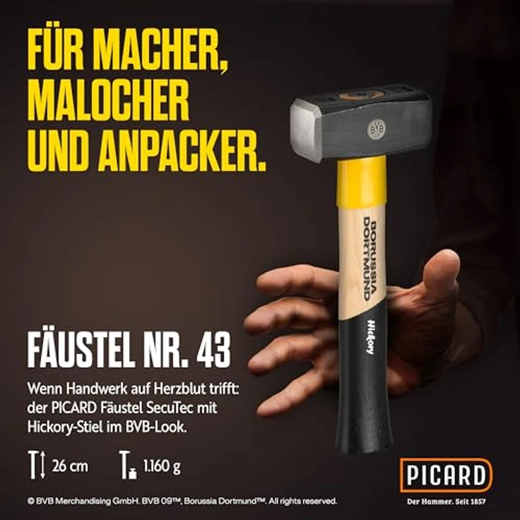 PICARD Hammer Fäustel 1.000g SecuTec HS 43, BVB-Look mit gelasertem Logo und Hickory-Stiel – Bild 2