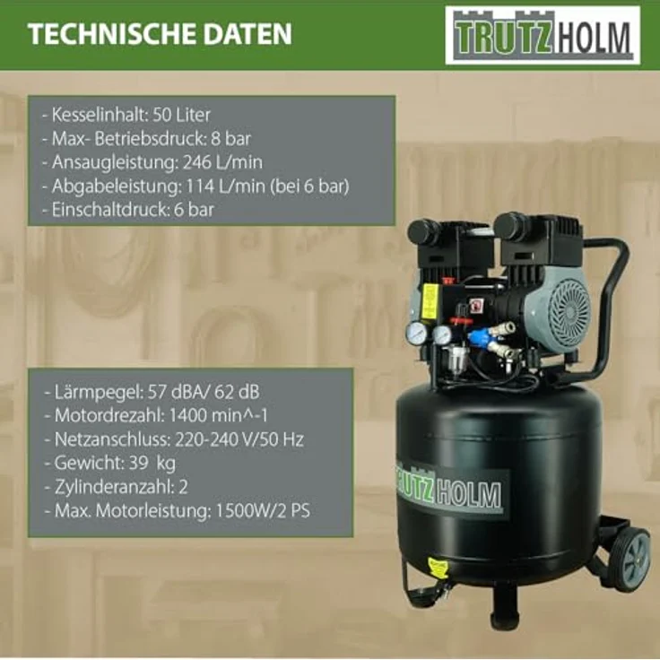 TrutzHolm Silent Flüsterkompressor 50L, 1500W, 62dB, 8 bar, vertikal, ölfrei, wartungsarm – Bild 3