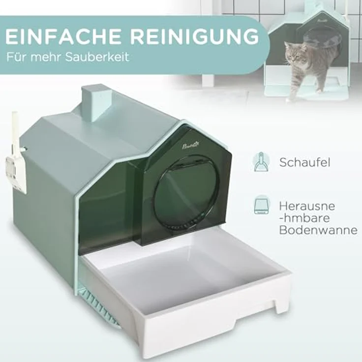 PawHut Katzentoilette Katzenklo mit Bodenwanne, Schaufel, Filter, Toilette mit Haube für Katzen bis 8 kg, ABS, Kunststoff, Hellblau 47 x 45 x 42 cm – Bild 4