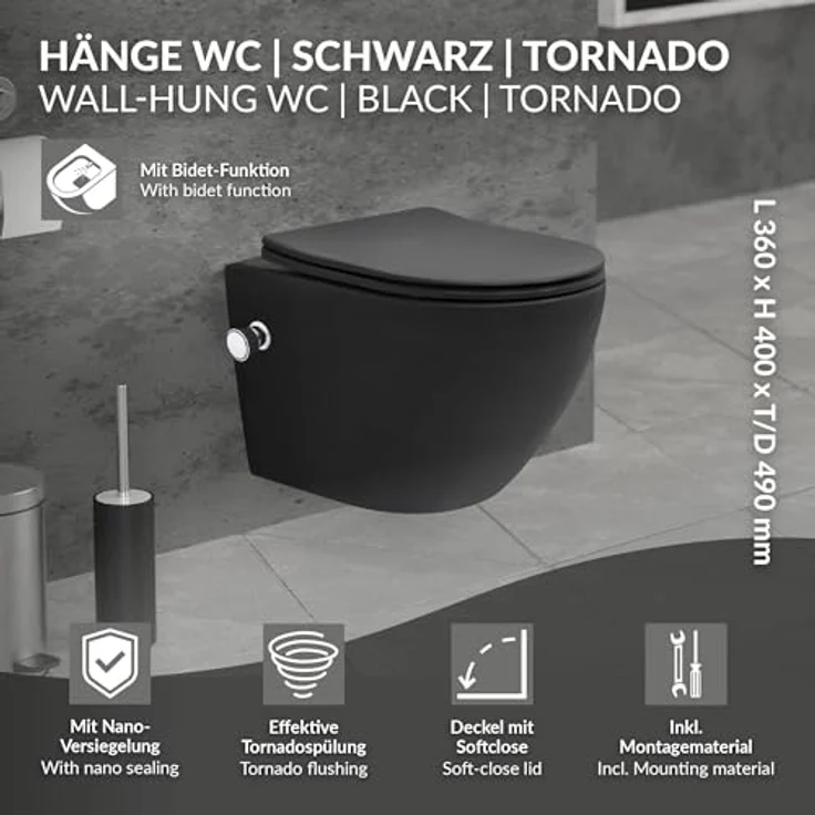 LuxeBath Wand WC Spülrandlos mit Bidet-Funktion Schwarz matt kurz 49cm, Tiefspüler Tornadospülung Keramik Hänge WC Dusch WC mit Nano Beschichtung, Kloschüssel Hängend WC-Sitz Absenkautomatik abnehmbar – Bild 2