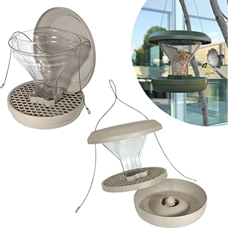 SWISSINNO Vogel-Futtersilo Davos SMART BIRDS. Füttern Sie Vögel - Nicht Nagetiere! Robust + Zuverlässig zum Aufhängen. Wiederverwendbar. 2 Futterkammern. Made in EU. Hellgrau – Bild 2