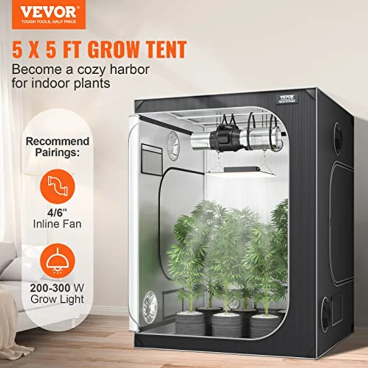VEVOR Growbox GT2000D60, 152x152x203cm Indoor-Growzelt mit 2000D Oxford-Gewebe, schwarzer und grauer Stahlrahmen, 60kg Tragfähigkeit, 178x130cm Türgröße – Bild 2