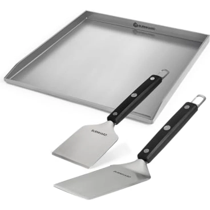BURNHARD Edelstahl Grillplatte Earl, 42,5 x 39,6 cm Plancha Set mit 2-tlg. Grillspachtel und Grillschaber – Bild 1