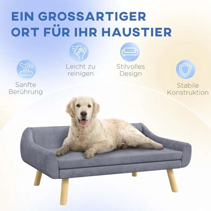 PawHut Hundesofa Katzensofa mit Rückenlehne, Hundecouch mit Holzbeine, Haustiersofa mit Kissen, Hundebett für mittelgroße und große Hunde, Samt, Grau, 102 x 58,5 x 42,5 cm – Bild 4