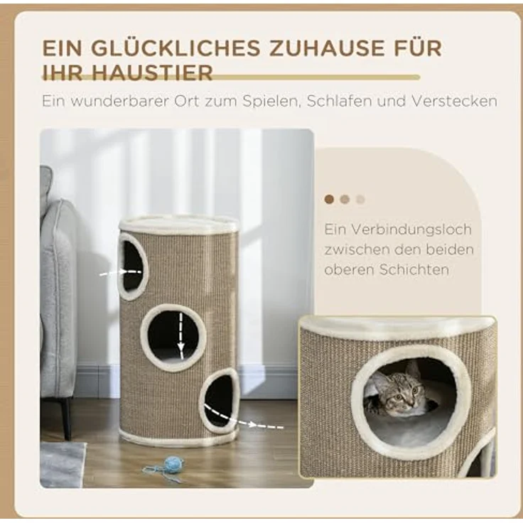 PawHut Kratztonne, Höhe 70 cm, Katzenkratzbaum mit 3 Ebenen, 3 Höhlen, Sisal, Plüsch, Braun – Bild 3