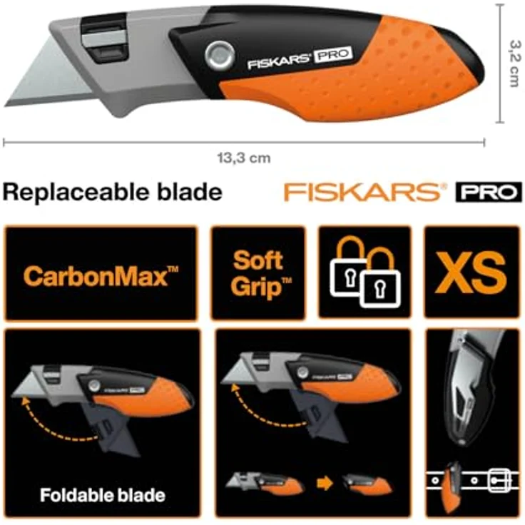 Fiskars Pro Compact Klappmesser, ergonomisches Universalmesser mit CarbonMax™ Klinge, kompakt und robust – Bild 2