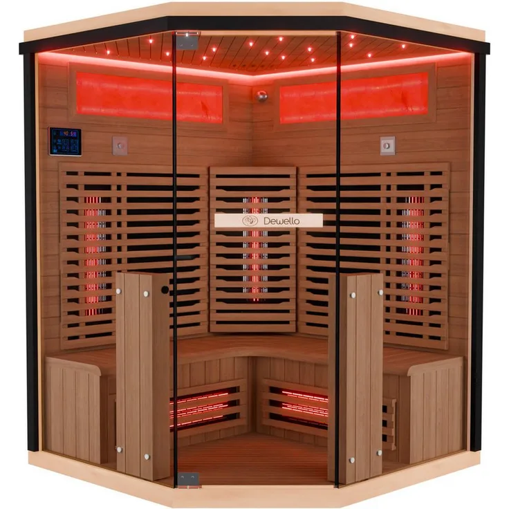 Dewello Sauna KENORA 140 Wärmekabine, 2-3 Personen, 7 Vollspektrumstrahler, (LED-Farblichttherapie inkl. Ionisator mit Ozondesinfektion und Aromatherapie, inkl. Ionisator mit Ozondesinfektion und Aromatherapie, Bluetooth & FM) klappbare Frontstrahler