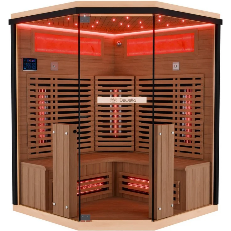 Dewello Sauna KENORA 140 Wärmekabine, 2-3 Personen, 7 Vollspektrumstrahler, (LED-Farblichttherapie inkl. Ionisator mit Ozondesinfektion und Aromatherapie, inkl. Ionisator mit Ozondesinfektion und Aromatherapie, Bluetooth & FM) klappbare Frontstrahler – Bild 1