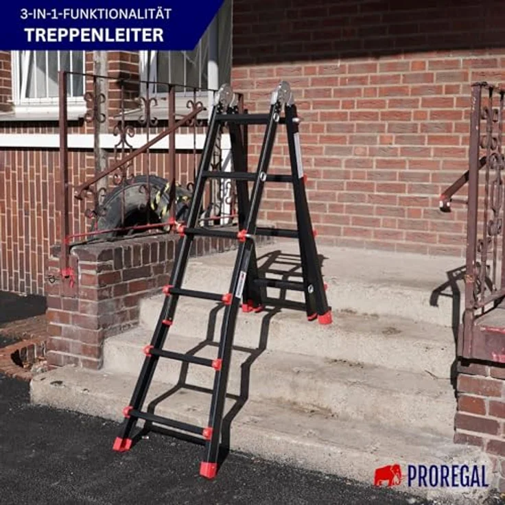 PROREGAL APOLLO 3-in-1 Sprossen-Mehrzweckleiter, Aluminiumleiter bis 4m Höhe, Traglast 150kg, schwarz, klappbar, teleskopierbar, für Treppen und als Anlegeleiter – Bild 3