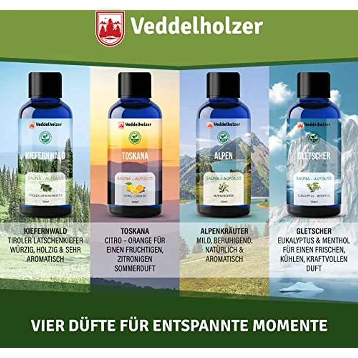 Veddelholzer BIO Sauna-Aufgussset, 4-tlg. Geschenkset mit 100% naturreinen ätherischen Ölen, 4 x 100 ml Saunaöle – Bild 2