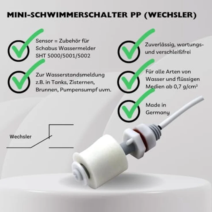 Schabus Mini-Schwimmerschalter, Kunststoff, 2,5 m mit Wechselkontakt, für Flüssigkeiten ab 0,7 g/cm³ – Bild 2