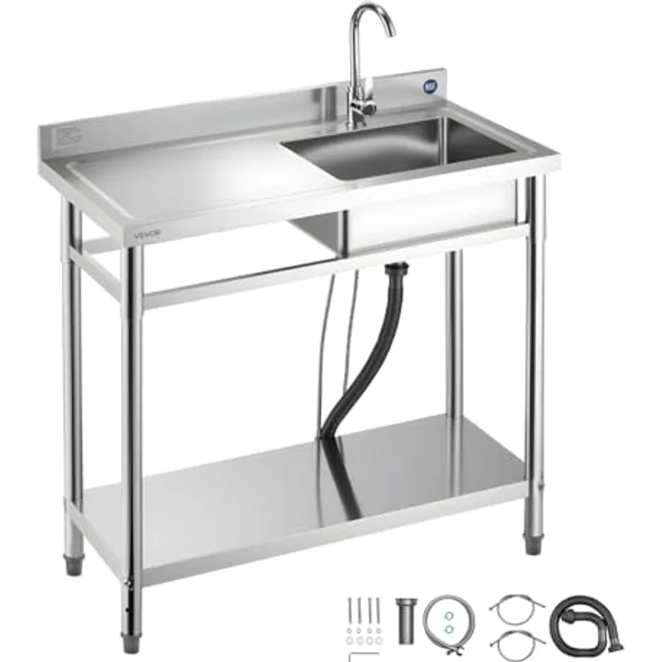 VEVOR Edelstahl Spültisch mit Einzelbecken (100 x 50 x 94 cm), 360° Wasserhahn, verstellbare Ablage, vielseitig einsetzbar für Küche, Garage, Restaurant und Wäscherei – Bild 1