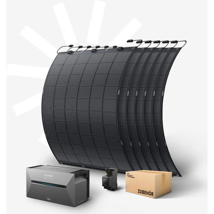 Kleines Kraftwerk Flexibles Balkonkraftwerk 1350Wp mit Speicher – 6x 225-Wp Solarmodule, inkl. Anker Solarbank 3 Pro, für gewölbte Flächen