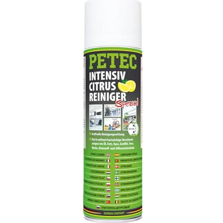 PETEC Intensiv Citrus Reiniger Spray, 500 ml, effektiver Klebereste und Baumharzentferner für Auto und Haushalt