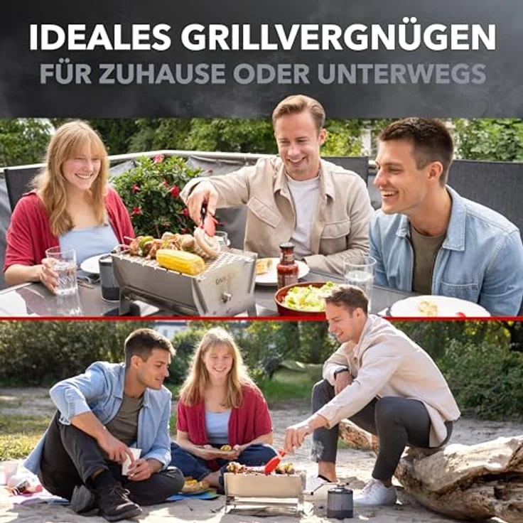 ovicue Grill groß L | Mobiler Steck-Gasgrill aus Edelstahl, Gas- & Holzkohlebetrieb, inkl. Tragetasche - für Camping, Balkon, Garten & Outdoor – Bild 3