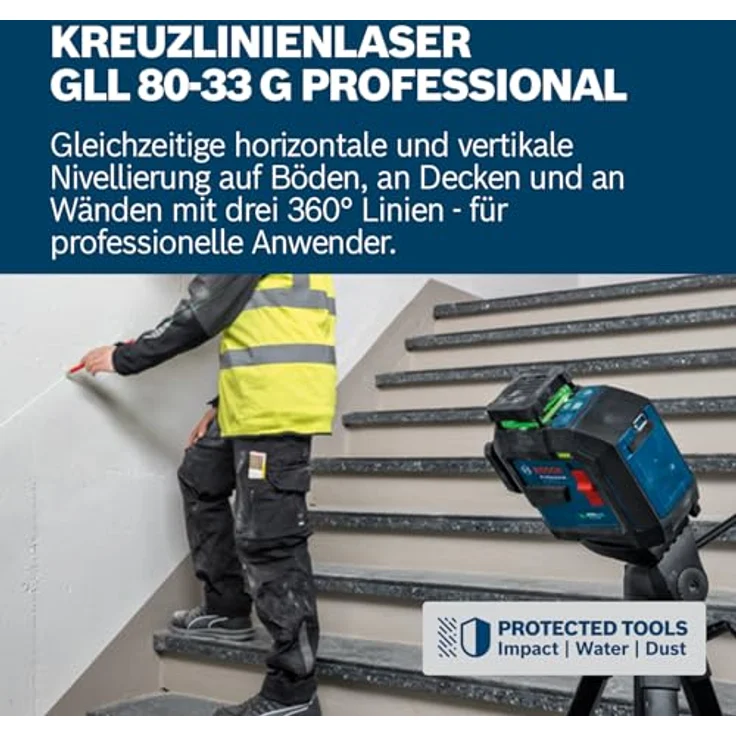 Bosch Professional GLL 80-33 G, Linienlaser mit grüner Laserlinie, Dual Power Source, IP65, 3000 mAh Akku – Bild 2