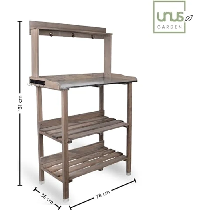 UNUS GARDEN Pflanztisch Pflanzregal verzinkter Arbeitsfläche Grau 76 cm x 38 cm x 91 cm (BxTxH), Massivholz, Gärtnertisch Blumentisch – Bild 4