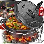 KESSER® Dutch Oven Set BBQ 7,3 Liter, Gusseisen Feuertopf mit Edelstahluntersetzer, Deckelheber Henkel und Thermometer-Schlitz, für Outdoor & Indoor, schwarz