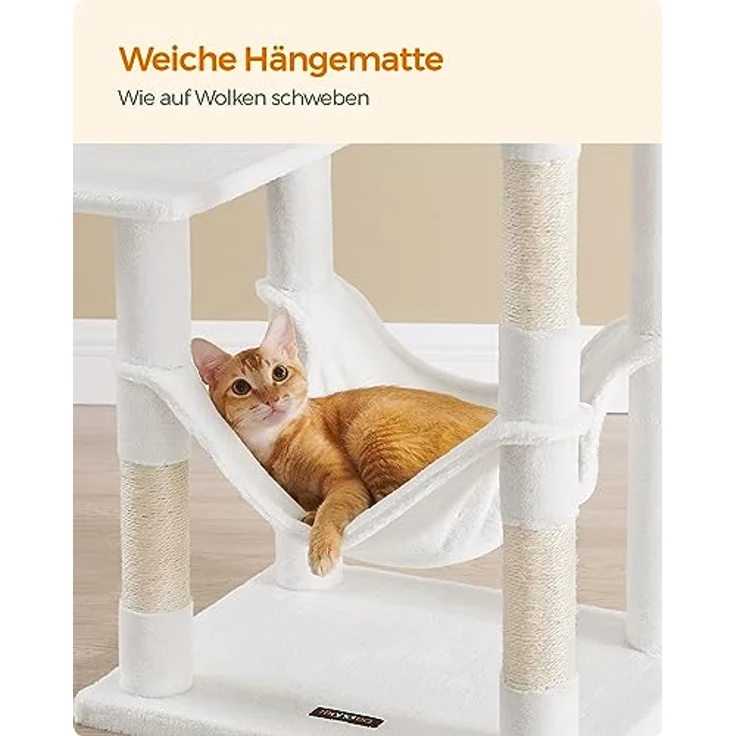 Feandrea Katzenbaum, 143 cm, mehrstöckiges Katzenhaus mit 4 Kratzsäulen, 2 Plattformen, Hängematte, Höhle, cremeweiß PCT161T01 – Bild 5