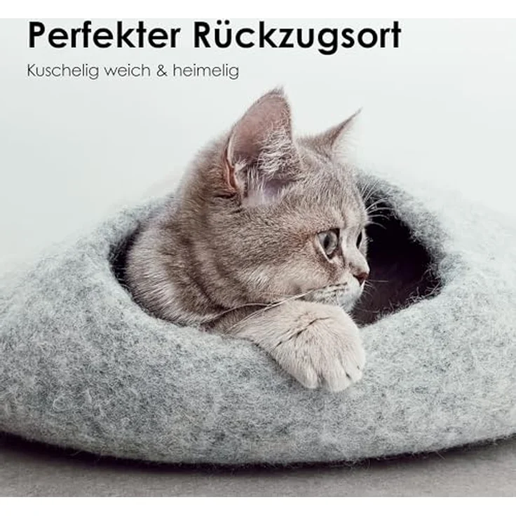 LucyBalu® Premium Katzenhöhle aus Filz, 100% Schafwolle, handgefertigt in Nepal, Kuschelhöhle für Katzen, hellgrau, 45x45x28 cm – Bild 2