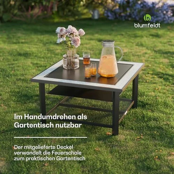 Blumfeldt Merano Avanzato, 3-in-1 Feuerschale mit Grillrost & Terrazzo-Tischplatte, robuster Stahlrahmen, inkl. Funkenschutz, Hitzeschild & Schürhaken, für Garten & Terrasse – Bild 4