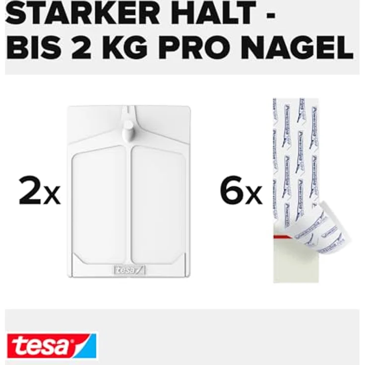 tesa Klebenagel für Tapeten und Putz - Selbstklebende Nägel für empfindliche Oberflächen - Leicht anzubringen und zu entfernen - rückstandslos - 2 x 2kg Halteleistung – Bild 3