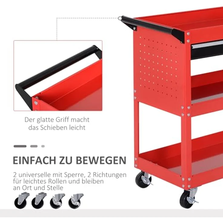 HOMCOM Werkzeugwagen Werkstatt-Rollwagen, 3 Ebenen, max. Traglast 60 kg, schwarz-rot, 82 x 35 x 76 cm – Bild 3