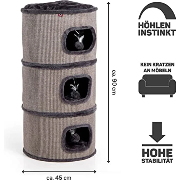 CanadianCat Company | Kratztonne Tony Höhe 90 cm, Spieltonne für Katzen ø 45 cm, Katzenkratzbaum mit 3 Höhlen, Katzenbaum, Kratzturm aus Sisal, Katzenmöbel, Plüsch, dunkelgrau – Bild 2