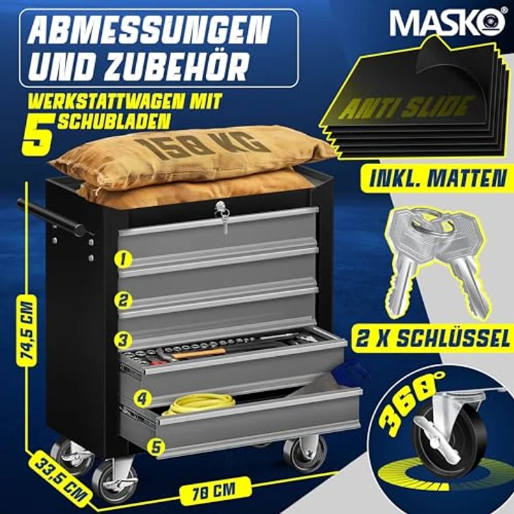 MASKO Werkstattwagen Profi Werkzeugwagen mit 5 Schubladen, abschließbar, graues Metall, max. Traglast 150 kg, Rollwagen zur Werkzeugaufbewahrung mit Schloss & 2 Schlüsseln – Bild 2