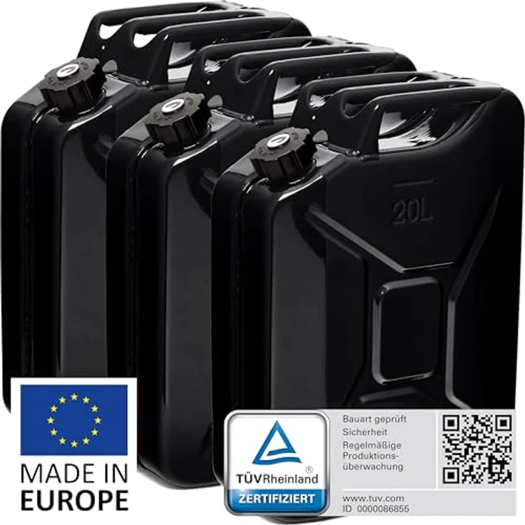 BW® Benzinkanister Metall 3x 20 Liter, schwarzer Kraftstoffkanister mit Schraubverschluss, TÜV-geprüft, UN-zugelassen, 0,9mm Stahl nach DIN 7274, Made in Europe – Bild 2