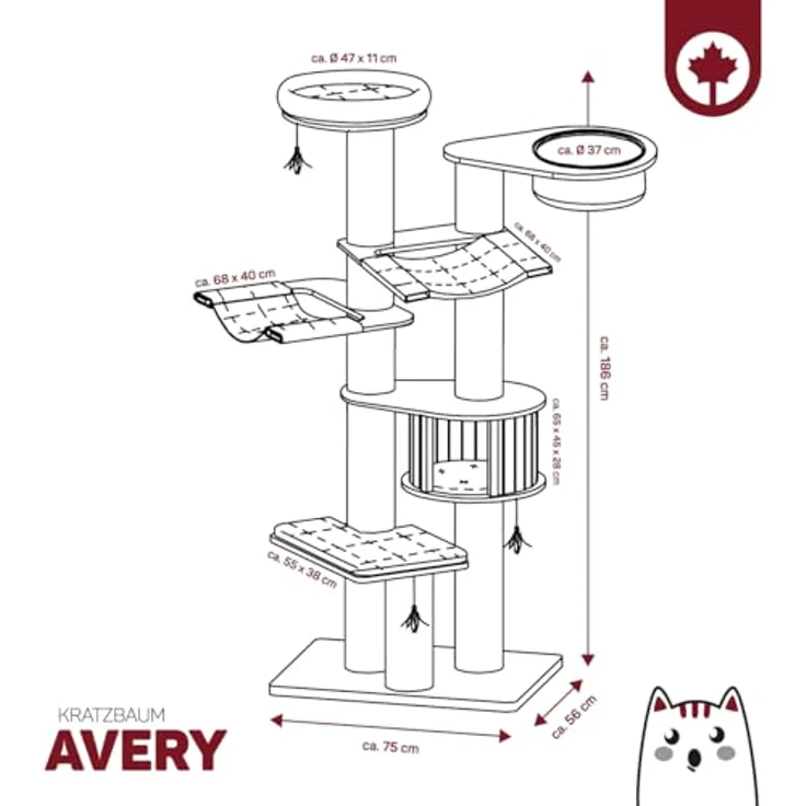 CanadianCat Company Kratzbaum Avery XXL, beige-anthrazit, 186 cm, stabiler Massivholz Katzenbaum mit Katzenhaus, Hängematten und 5 Ruheplätzen für große Katzen, kratzfest und pflegeleicht – Bild 3