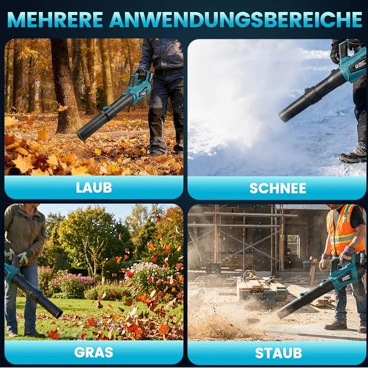 Bundviel Hochleistungs Akku-Laubbläser 21V, Bürstenloser Motor mit 5 Geschwindigkeitsstufen + Turbo, max. 90 m/s, 1500 g Blaskraft, 2 × 4Ah Akku, kabellos, leicht und mobil – Bild 8