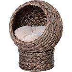 Pawhut Rattan Katzenkorb Katzenhöhle Katzenhütte Katzenbett mit Kissen Haustierbett Wasserhyazinthe Dunkelbraun 42 x 33 x 52 cm