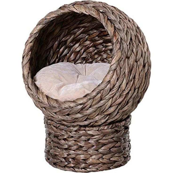 Pawhut Rattan Katzenkorb Katzenhöhle Katzenhütte Katzenbett mit Kissen Haustierbett Wasserhyazinthe Dunkelbraun 42 x 33 x 52 cm