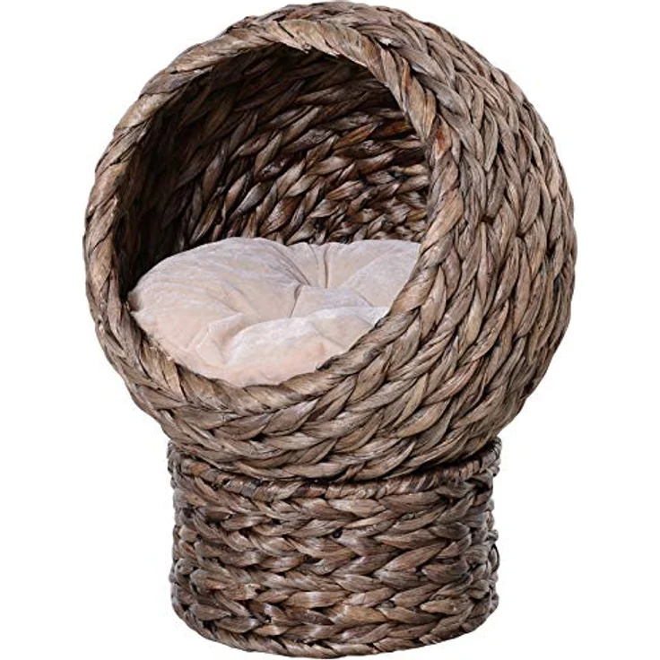 Pawhut Rattan Katzenkorb Katzenhöhle Katzenhütte Katzenbett mit Kissen Haustierbett Wasserhyazinthe Dunkelbraun 42 x 33 x 52 cm – Bild 1