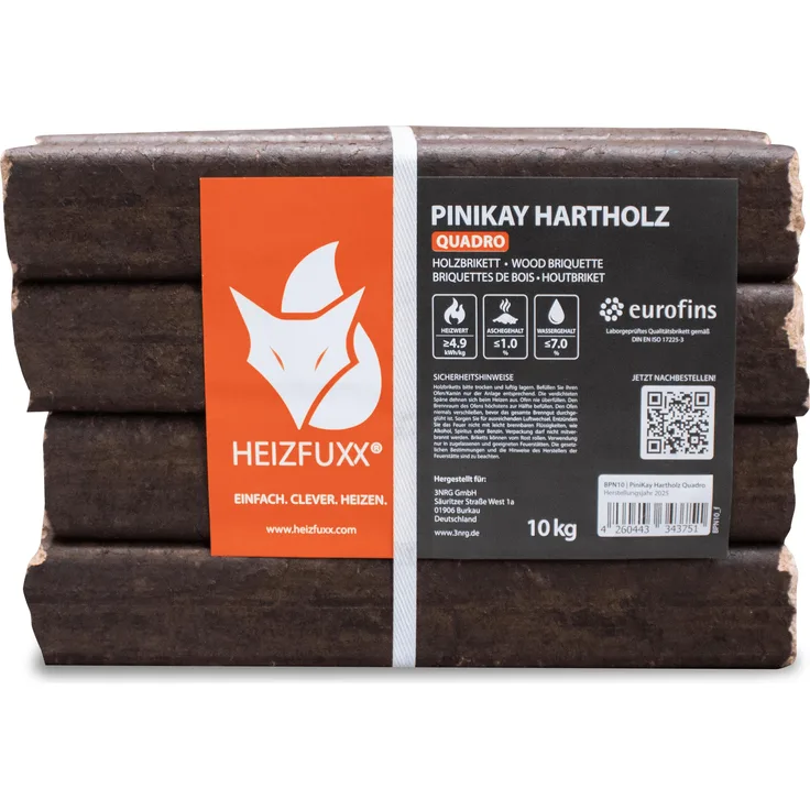 HEIZFUXX PiniKay Quadro, 20 kg Hartholzbriketts mit optimaler Luftzirkulation und minimaler Aschebildung