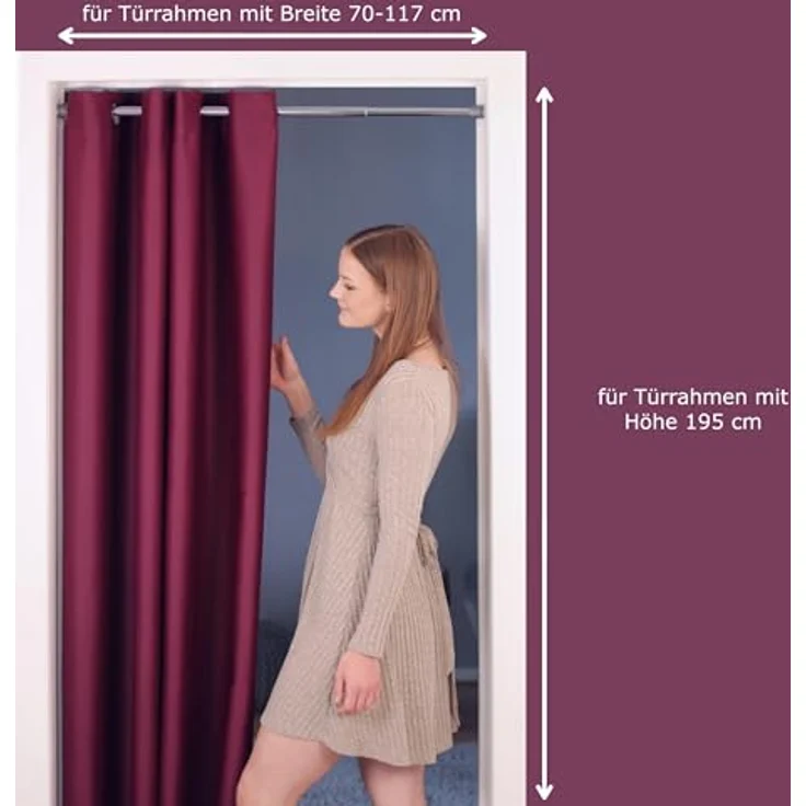 tinycurtains, Türvorhang mit Teleskopstange, einfache Montage in nur 1 Minute ohne Bohren (Türvorhang Bordeaux rot + Stange Silber, Vorhang 195 x 150 cm (HxB); Stange 70-120 cm) – Bild 2